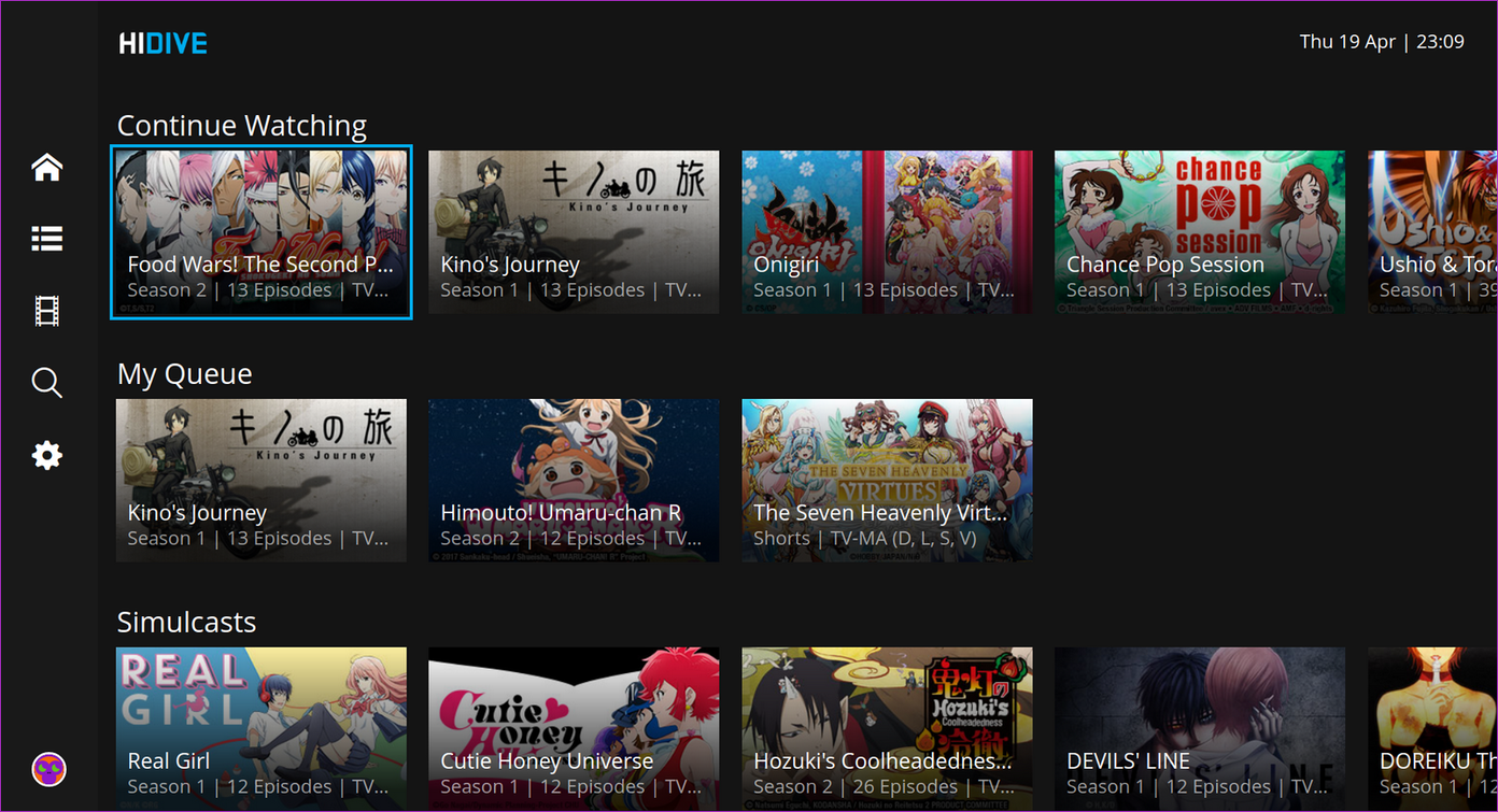 Anime streaming app interface showing simulcasts and watchlist