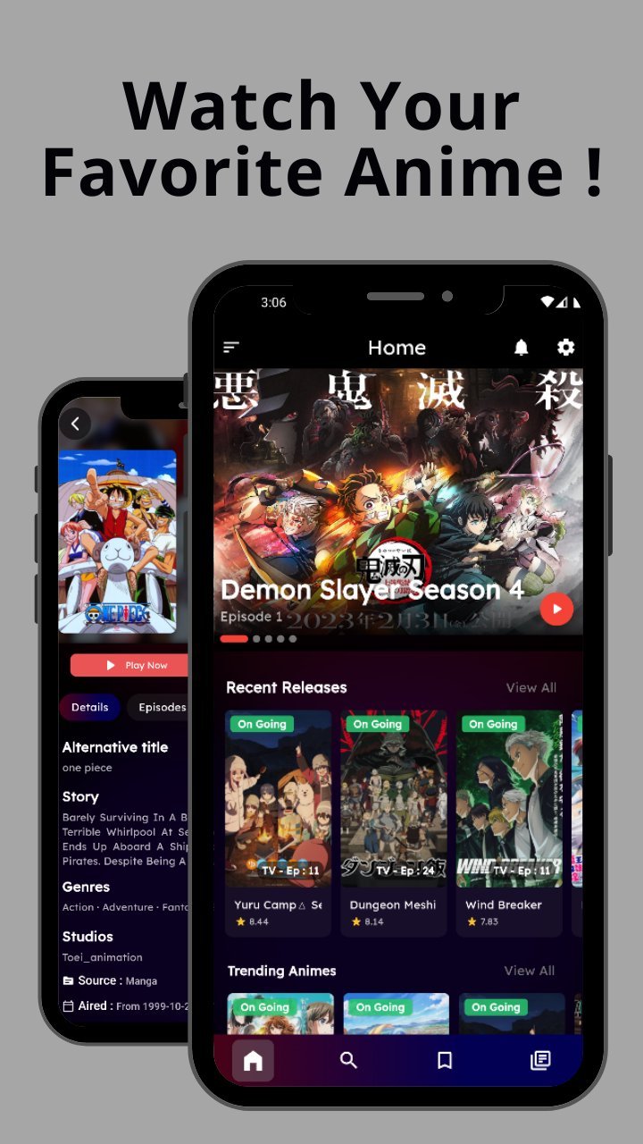 Ad-free anime streaming app interface on Android