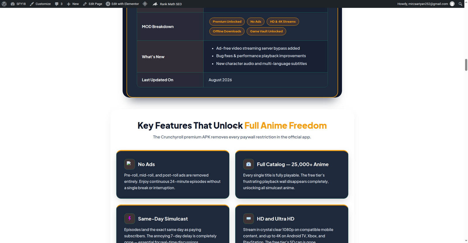 Crunchyroll MOD APK premium features listed on SFY18