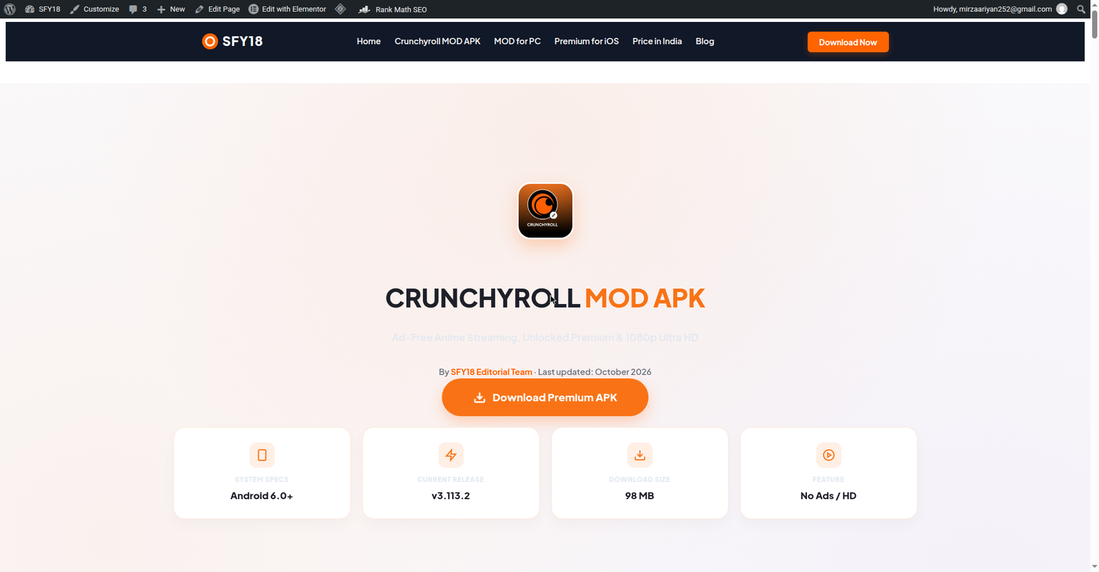 SFY18 homepage with Crunchyroll MOD APK guides